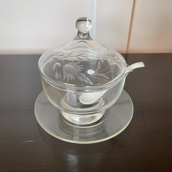Vintage 3 Piece Etched Clear Glass Condiment Jelly/Condiment Bowl w/Spoon - Picture 1 of 8